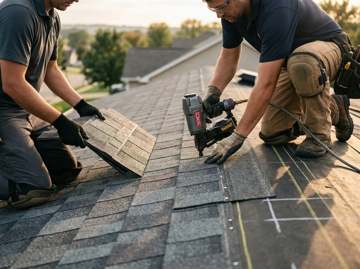 Professional roofer working on a residential roof in Indio